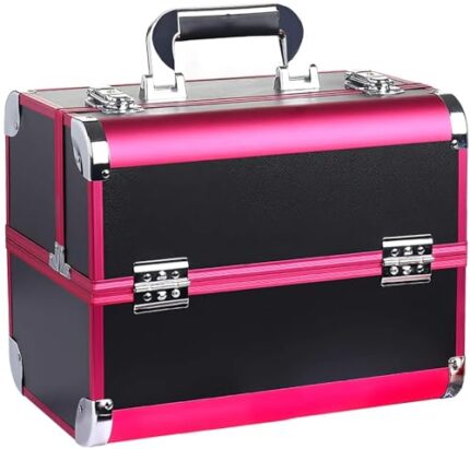 Adson Professional Makeup Box Cosmetics Case Jewelry Organiser Vanity Make Up Storage Box Beauty Train Case Lockable with Keys (Black & Pink)