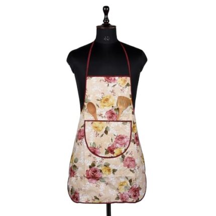 Amazon Brand - Solimo PVC Apron with Center Pocket | Apron for Chef/Housewife| Flower Design (Beige)