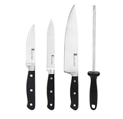 Amazon Brand - Solimo Premium High-Carbon Stainless Steel Kitchen Knife Set, 4-Pieces (with Sharpener), Silver
