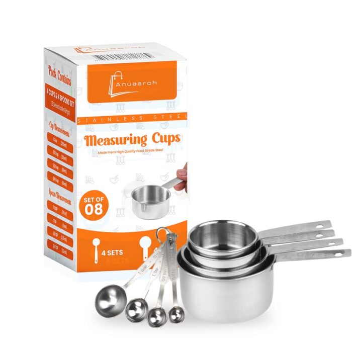 Anuaaroh Stainless Steel Measuring Cups & Spoon Combo for Dry or Liquid/Kitchen Gadgets for Cooking & Baking Cakes/Measuring Cup Set Combo with Handles (Set of 4 Cups and 4 Spoons)