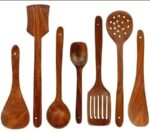 Any Creation Wooden Non-Stick Mixing and Turning Handmade Wooden Heat Resistant Kitchen Utensils Spoon Set Ideal for Serving and Cooking Food Items (Set of 7, Brown)