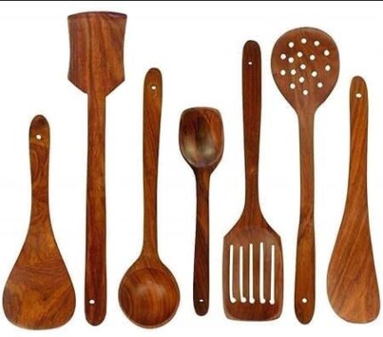 Any Creation Wooden Non-Stick Mixing and Turning Handmade Wooden Heat Resistant Kitchen Utensils Spoon Set Ideal for Serving and Cooking Food Items (Set of 7, Brown)