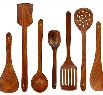 Any Creation Wooden Non-Stick Mixing and Turning Handmade Wooden Heat Resistant Kitchen Utensils Spoon Set Ideal for Serving and Cooking Food Items (Set of 7, Brown)