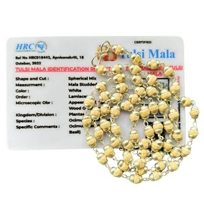 Apnisanskriti Tulsi Mala in Designer Caps (63 Beads, 3mm, Neck Length) - Natural Tulsi - Pack of 1 (White, Silver Cap)