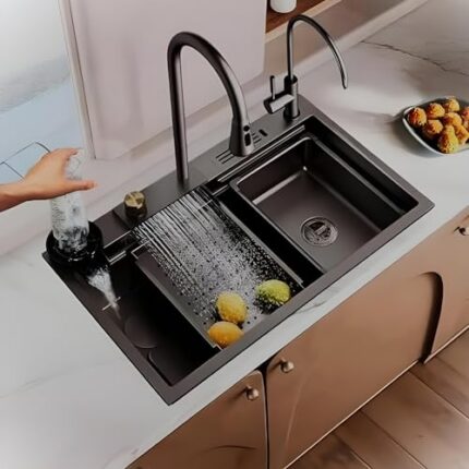 Arquin 304 Grade 30'' X 18'' X 9'' Kitchen Sink Anti Scratch Design With Integrated Waterfall And Pull-down Faucet Set Stainless Steel All In One Sink For Kitchen Nano Coated Sink For Kitchen