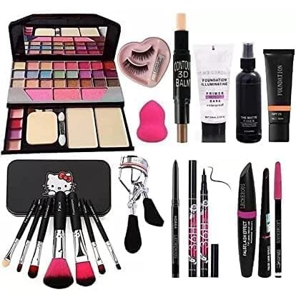 BELLAS TYA 6155 Professional Makeup Kit With 24 Eyeshadow palette, 7 Black Makeup Brush Set, 1 Contour Stick, Primer, Matte Fixer, Foundation,Kajal, 36H, Eyelashes, Eyelashes Curler, Beauty Blender and 3in1 Eyeliner Combo