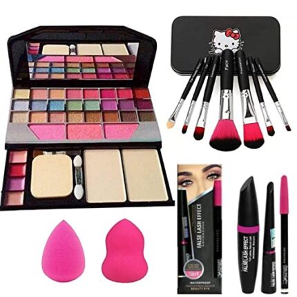 BELLAS Women's & Girl's TYA 6155 Multicolour Makeup Kit and 7 Black Makeup Brushes Set, 3in1 Eyeliner,Mascara,Eyebrow Pencil with 2 Pink Beauty Blenders - (Pack of 13)