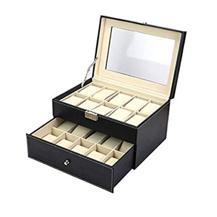 BIRMON 2 Tired 20 Slots Watch Storage Box Organizer with Faux Leather Finish (Black)