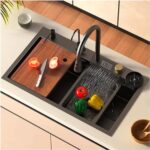 BOWLS & MORE | WATERFALL KITCHEN SINK ANTI-SCRATCH DESIGN, INTEGRATED WATERFALL, PULL-DOWN FAUCET, CUP WASHER, 30"X18"X10", HEAVY-DUTY 304-GRADE NANO BLACK STAINLESS STEEL | BLACK (HONEYCOMB)