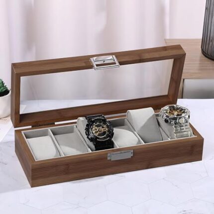 BucketList 6 Slot Wooden Watch Box for Men and Women, Display Organizer with Glass Top, Metal Buckle, Grey Lining