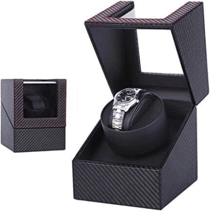 BucketList Single Watch Winder for Automatic Watches - Carbon Fiber Leather, Silent Motor, Transparent Glass Window, Double Ball Bearing Wristwatch Display Case Box