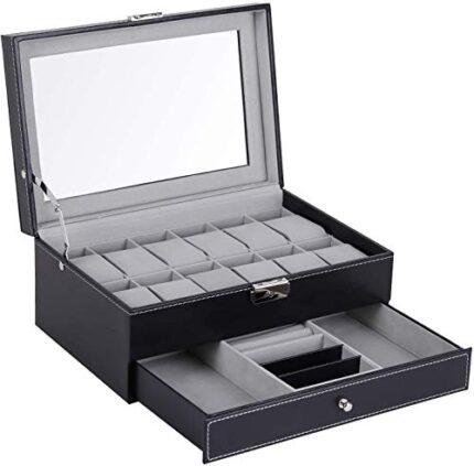 BucketList Watch Box for Men and Women: Double-Layer Faux Leather Organizer with 12 Slots for Watches and Jewelry - Black