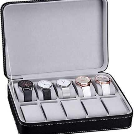BucketList� 10-slot Watch Box Portable Travel Zipper PU Leather Storage Case Jewellery Storage Box Display Box, Watch Storage Box for Business Trips and Gifts Larger Capacity Black