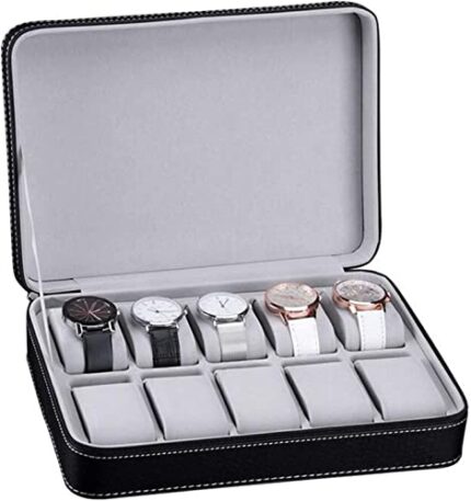 BucketList� 10-slot Watch Box Portable Travel Zipper PU Leather Storage Case Jewellery Storage Box Display Box, Watch Storage Box for Business Trips and Gifts Larger Capacity Black