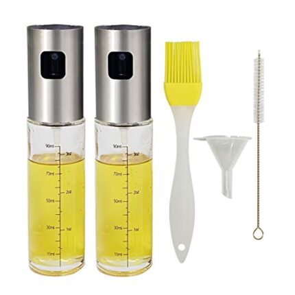 CHEFBUD Oil Spray Bottle, 100mL Vinegar & Oliver Oil Sprayer Dispenser for Kitchen Cooking Air Fryer Salad Bread Baking BBQ with Cleaning Brush, 2 Set