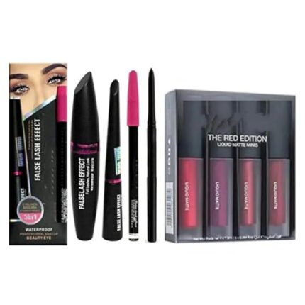 CHIC FUSION BEAUTY Liquid Matte Minis Lipstick Red Edition 6-ml with 1 Kajal Pencil and 3in1 Eyeliner, Mascara, Eyebrow Pencil Combo - (Pack of 8)