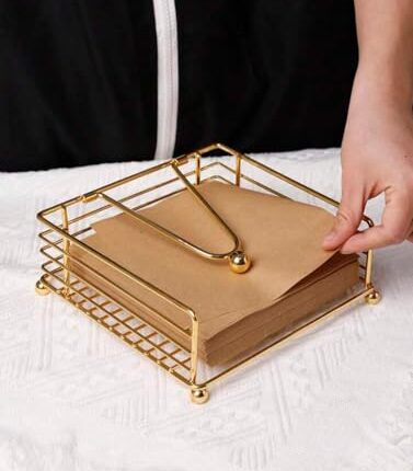 CentraLit Napkin Holder for Dining Table - Square Napkin Holder with Weighted Arm Modern Napkin Holder for Kitchen, Restaurant, Farmhouse, Gold - Diwali Decoration - Hotel Tableware