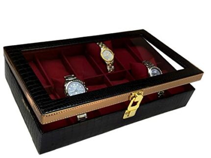 ChestKraft Men's and Women's Watch Box Organiser-12 Slots in Leatherette and Suede (Black Gold Pearl)