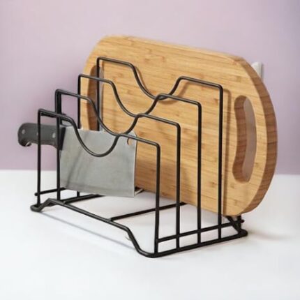 Craft Mshopr Multipurpose Black Iron Cutting Board Rack Organizer - Medium Size With 4 Slots, 9.5'' Length X 7'' Width 9'' Height Kitchen Storage Efficient, Countertop, Bracket Shelf