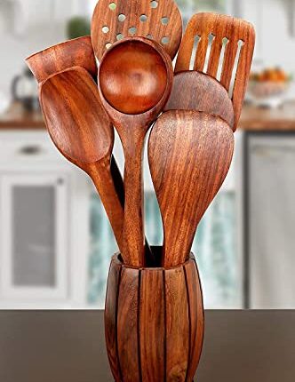 Craftize Mstore Handmade "Rustic Wooden Spoon Holder Barrel Shape with 7 Spoons - Kitchen Utensil Organizer-Spatula Nonstick Spoon Set for Cooking Kitchen Tools