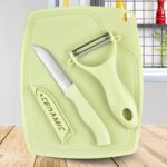 DeoDap Ceramic Kithen Utility Knife with Cover, Y-Shapped Peeler and Chopping Board 3 Pieces Set, Kitchen Set for Chopping & Peeling Vegetables, Fruits & Dry Fruits (Assorted Color)