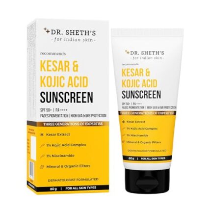 Dr. Sheth's Kesar & Kojic Acid Sunscreen For All Skin Types SPF 50+ Pa++++ For Pigmentation-Free Skin|High UV-A & UV-B Protection|No White Cast & Lightweight For Daily Moisturization|Men & Women|80g