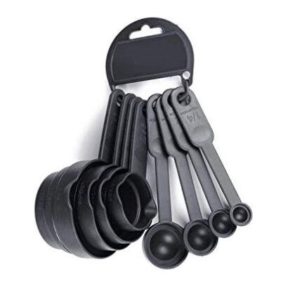 E-COSMOS Plastic Measuring Spoon and Cup Set, 8-Pieces (Black, Pack of 1), Mix Size (EC-Cup-Black)