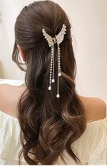 Embee. Very Luxury Tassel Pearl Hair Butterfly Clip Hair Claw Jaw Clip Clamp Blinging Rhinestones Crystal Hair Jewelry Hair Accessories for Girls and Women