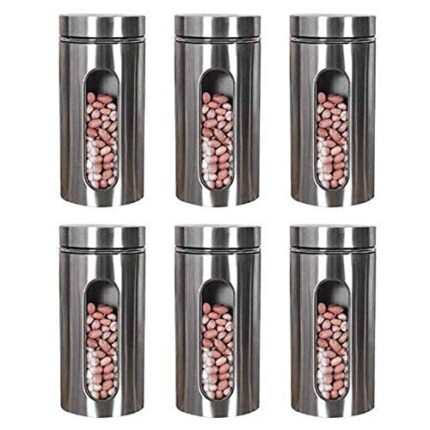 Femora Kitchen Storage Jars Steel Body With See Through Window Jar, 1300 ML, Pack of 6