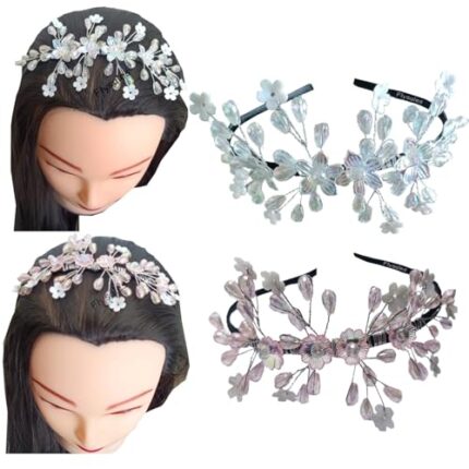 Flysales® Metal Hairband Flower Crystal and Pearls Fancy Hairband for Women and Girls Tiara Hair Band Hair Accessories Silver Work Handmade (2 pcs(Silver & Pink))