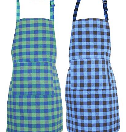 GLUN Waterproof Unisex Kitchen Checkered Design Apron with 2 Roomy Size Front Centre Pocket and Adjustable Neck Strap (Pack Of 2)