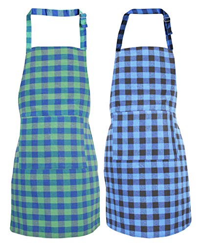 GLUN Waterproof Unisex Kitchen Checkered Design Apron with 2 Roomy Size Front Centre Pocket and Adjustable Neck Strap (Pack Of 2)