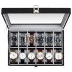 GUKA Watch Box, 12 Slot Watch Case with Large Real Glass Lid, Watch Organizer with Removable Watch Pillow, Black Synthetic Leather Watch Display, Black