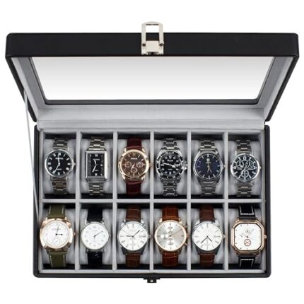 GUKA Watch Box, 12 Slot Watch Case with Large Real Glass Lid, Watch Organizer with Removable Watch Pillow, Black Synthetic Leather Watch Display, Black