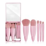 Gleva Travel Size Mini Makeup Brushes Set with Mirror Small Complete Function Cosmetic 5 Pcs Brushes Kit Case Apply to Face Foundation Powder Concealers Eyebrow Eyeshadow (Pink)