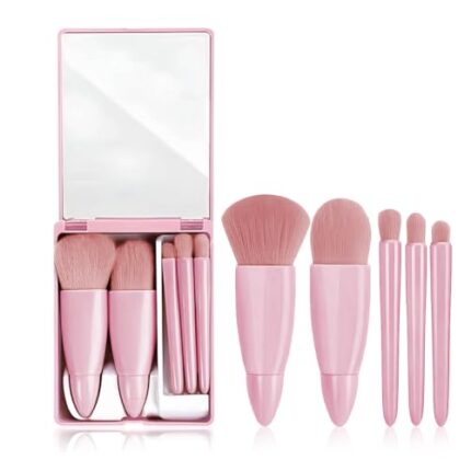 Gleva Travel Size Mini Makeup Brushes Set with Mirror Small Complete Function Cosmetic 5 Pcs Brushes Kit Case Apply to Face Foundation Powder Concealers Eyebrow Eyeshadow (Pink)