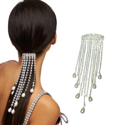 Gmall Creations Ponytail Holder Crystal Pearl Hair Chain For Girls And Woman To Any Hairstyle For Weddings, Proms, H: 18 Cm W:6 Cm Pack of 1