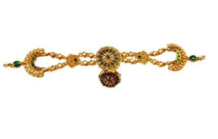 Gold-Plated Matha Patti - Sheeshphool for Women Girls - Bridal Jewellery - Mathapatti with Borla (27 cm x 5.5 cm) Rajasthani Rajputi style