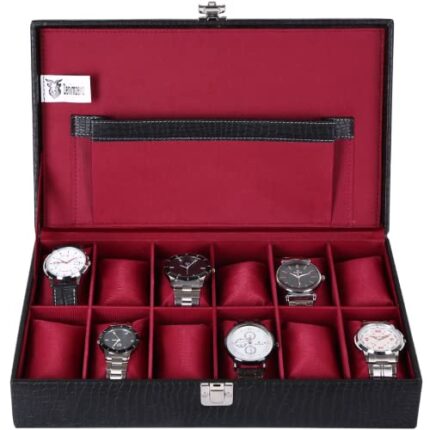 Gorch Watch Box Organizer For Men and Women In 12 Slot Wrist Watches Storage Holder Case In PU Leather with Black & cherry Color