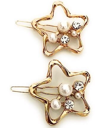 HANA JEWEL by Impression Jewellery Golden Silver Star Shape Pearl Stone Hairpin/Clips for Girls/Women/Lady | Sparkle Up Your Valentine's Look (Pack of 2 Pcs)