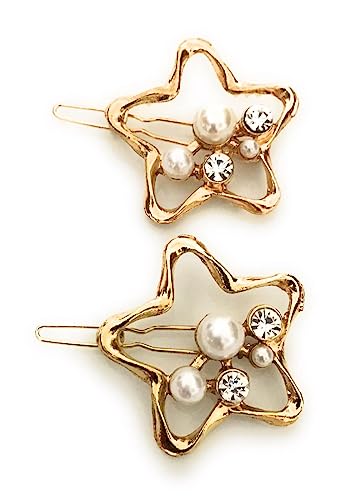 HANA JEWEL by Impression Jewellery Golden Silver Star Shape Pearl Stone Hairpin/Clips for Girls/Women/Lady | Sparkle Up Your Valentine's Look (Pack of 2 Pcs)