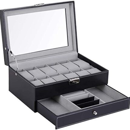 HOUSE OF WAX Wrist Watch Storage Box Display Case Organizer Of Faux Leather Finish With Glass Window(Double Layer Watch Box With Organizer),Black
