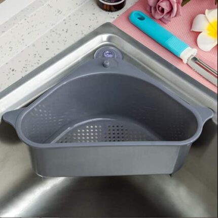 HROY 2 Pieces of Triangular Shape Sink Basket, Corner Kitchen Sink Strainer Basket, Multi-Function Water Storage Tank Drain Rack for Kitchen, Bathroom, Soap Box Organizer (Light Grey, 2)