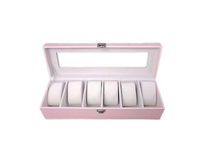 Handcrafted 6-Slot Watch Box Pu Leather & Acrylic Glass Lid Stylish Watches Storage Case for Men & Women Gift Item (Baby Pink)