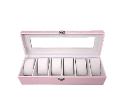 Handcrafted 6-Slot Watch Box Pu Leather & Acrylic Glass Lid Stylish Watches Storage Case for Men & Women Gift Item (Baby Pink)