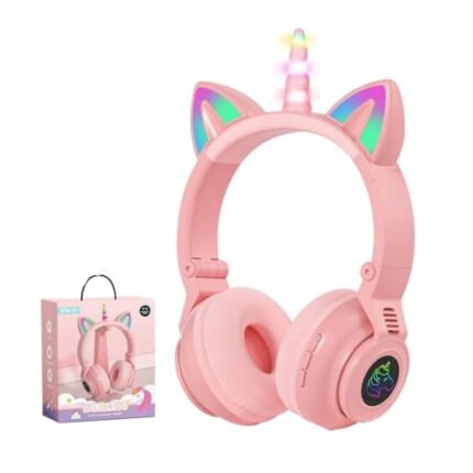 Happy Hues® Wireless Headphones Cute Cat Ear Headset with LED Lights, Noise Cancelling Stereo Gaming Headphones, Fashion Bluetooth (5.0) Headset Wearing for Kids and Adults (Pink Unicorn)