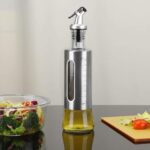 HomeCloud Stainless Steel And Glass Oil Dispenser Bottle With Measuring Scale | Perfect For Olive Oil, Sauces, And Vinegar | Leak-Proof Auto Flip Non-Drip Spout, 300 ML