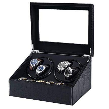 J&T Technology Automatic Watch Winder,4+6 Automatic Watch Winder Storage Display Box Watch Case with PU crocodile skin and Black Leather,Japanese Quiet Motor- AC Adapter(PU crocodile skin)