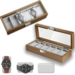 KLIFFOO Watch Box Organizer 6 Slots,Wooden Watch Storage Box with Large Glass Display Men's and Women's Watch Box Holder Organizer Case with Removable Pillows,Jewelry Bracelet Collection Box