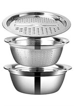 Kitchen Multipurpose Grater Bowl with Drain Colander Grater Mesh Basket 3 in 1 Stainless Steel Basin Vegetable and Fruit Washing Bowl Strainer Cutter Salad Maker Set (26cm)